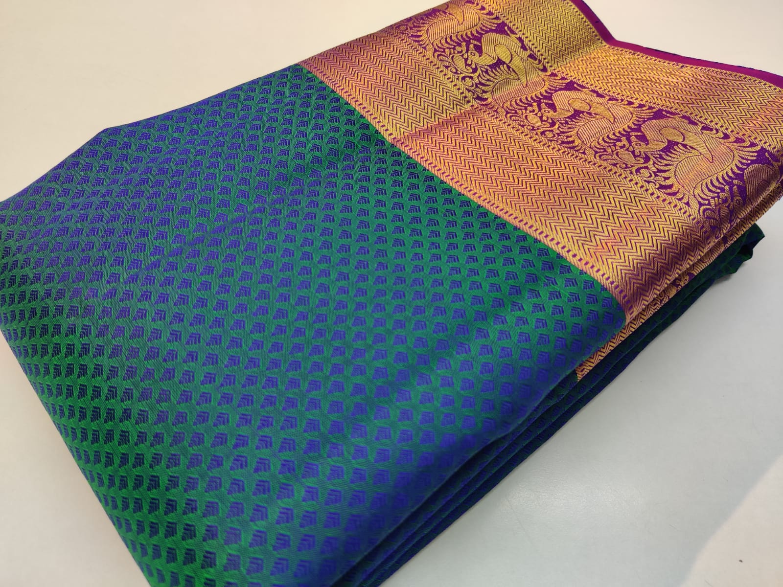 Peacock Blue Embossed Kanchipuram Pure Silk Saree - Image 5